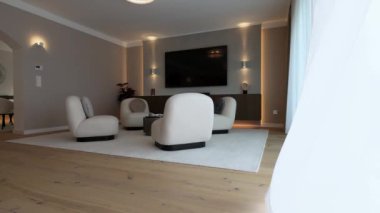 Modern lüks oturma odası ve mutfağı olan bir emlak evi.