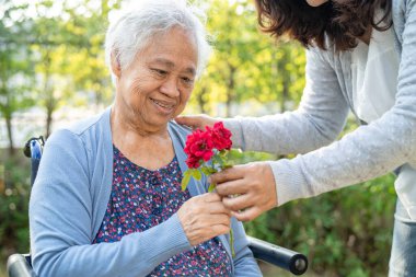 Bakıcı kız, parkta tekerlekli sandalyede kırmızı gül tutan Asyalı yaşlı ya da yaşlı kadına sarılıp yardım ediyor..