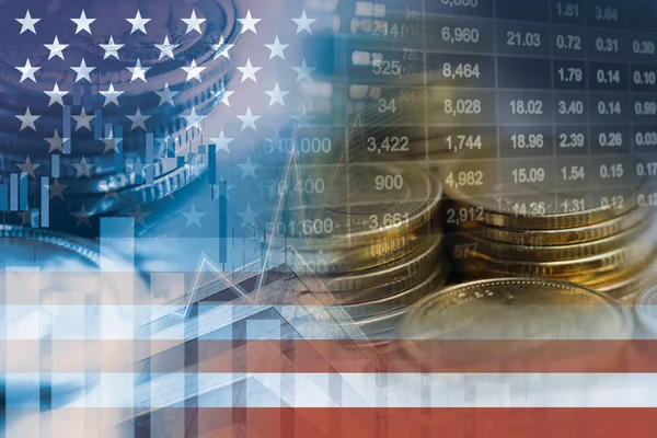 stock image Stock market investment trading financial, coin and USA America flag or Forex for analyze profit finance business trend data background.