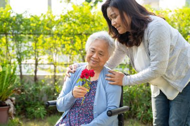 Bakıcı kız, parkta tekerlekli sandalyede kırmızı gül tutan Asyalı yaşlı ya da yaşlı kadına sarılıp yardım ediyor..