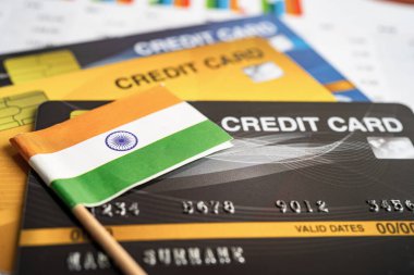 Kredi kartıyla Hindistan bayrağı. Mali kalkınma, Bankacılık Hesabı, İstatistik, Yatırım Döviz Kuru Ekonomisi.