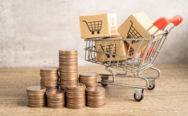 Üstünde bozuk paralar olan alışveriş arabası logosu. Bankacılık Hesabı, Yatırım Analitik Veri Ekonomisi, Ticaret, İş İthalatı Çevrimiçi İhracat Konsepti.