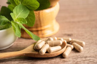 Alternatif ilaç bitkisel organik kapsül E omega 3 vitamini balık yağı, mineral, bitki yapraklı ilaç sağlıklı yaşam için doğal destek.