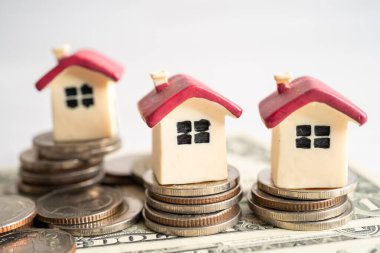 Madeni para, ev kredisi, tasarruf planı, taksitlendirme finansmanı ve bankacılık kavramı üzerinde bitki yetiştiren ev modeli.