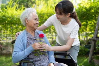 Bakıcı kız, parkta tekerlekli sandalyede kırmızı gül tutan Asyalı yaşlı ya da yaşlı kadına sarılıp yardım ediyor..