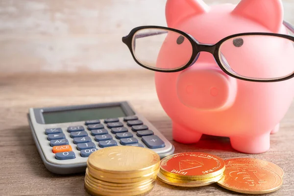 Pigging bank wearing eyeglass with coins and calculator; saving bank education concept.