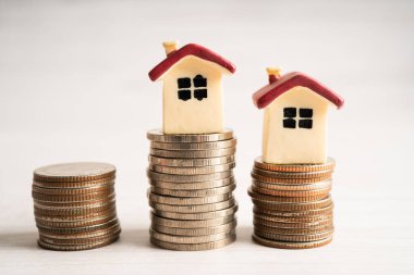 Madeni para, ev kredisi, tasarruf planı, taksitlendirme finansmanı ve bankacılık kavramı üzerinde bitki yetiştiren ev modeli.