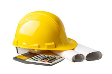Yellow helmet and Architectural and house plan project blueprint with calculator isolated on white background with clipping path.