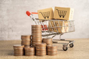 İçinde bozuk paralar olan bir kutunun üzerinde alışveriş arabası logosu. Bankacılık Hesabı, Yatırım Ekonomisi, Ticaret, İş İthalatı Çevrimiçi İhracat Şirketi Konsepti.