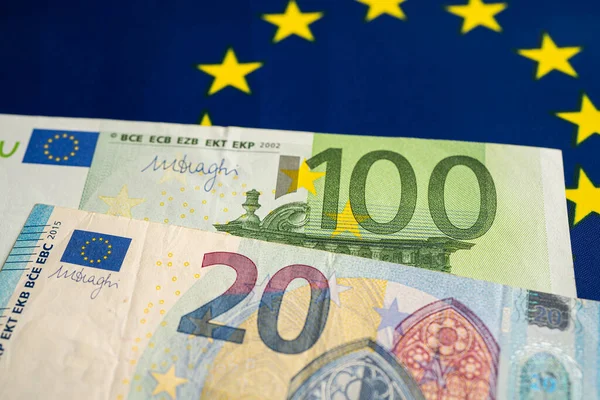 Euro banknotes on flag, Business and finance concept.