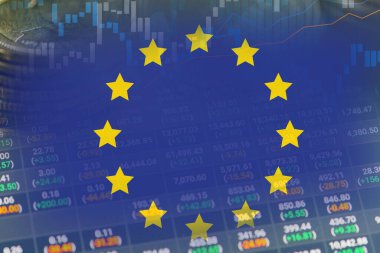 Avrupa 'da veya Forex' te kar finansmanı ticari eğilimi veri geçmişini analiz etmek için hisse senedi yatırımı, para ve AB bayrağı ticareti.       