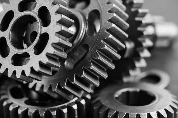 stock image Gear and cogs wheels, clock mechanism, brass metal engine industrial.