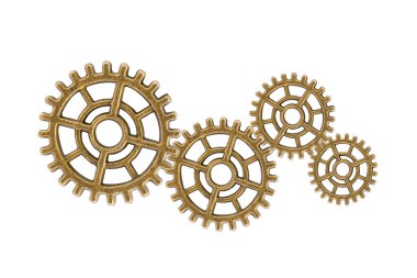 Dişliler ve dişliler beyaz arka planda izole edilmiş, saat mekanizması, pirinç metal motor endüstrisi.