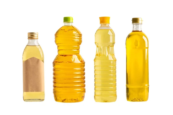 stock image Vegetable oil with olive oil in different bottle for cooking isolated on white background with clipping path.