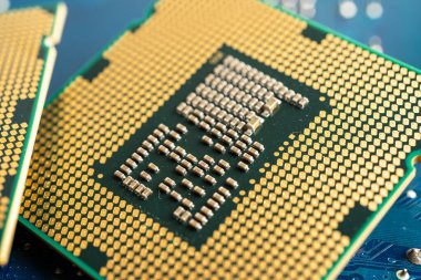 CPU, central processor unit chip Chip on circuit board in PC and laptop computer technology.