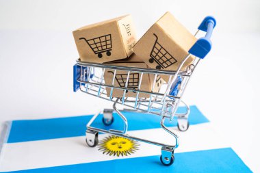 Box with shopping online cart logo and Argentina flag, Import Export Shopping online or commerce finance delivery service store product shipping, trade, supplier concept.