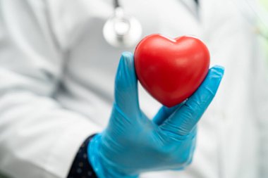 Doctor holding a red heart in hospital ward, healthy strong medical concept.