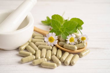 Alternatif ilaç bitkisel organik kapsül E omega 3 vitamini balık yağı, mineral, bitki yapraklı ilaç sağlıklı yaşam için doğal destek.