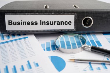 İş sigortası. Binder veri finansmanı ofiste grafik analizi ile iş raporlama.