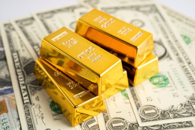 ABD doları üzerindeki altın külçeleri para, ekonomi finansmanı ticaret yatırım kavramı.