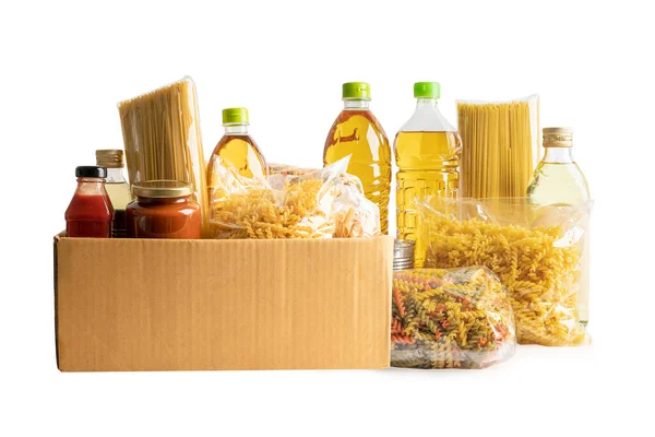 Producto Alimenticio Para Donación Almacenamiento Entrega Varios Alimentos Pasta Aceite — Foto de Stock