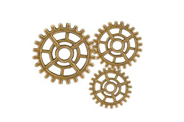 Dişliler ve dişliler beyaz arka planda izole edilmiş, saat mekanizması, pirinç metal motor endüstrisi.