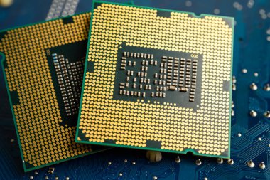 CPU, central processor unit chip Chip on circuit board in PC and laptop computer technology.