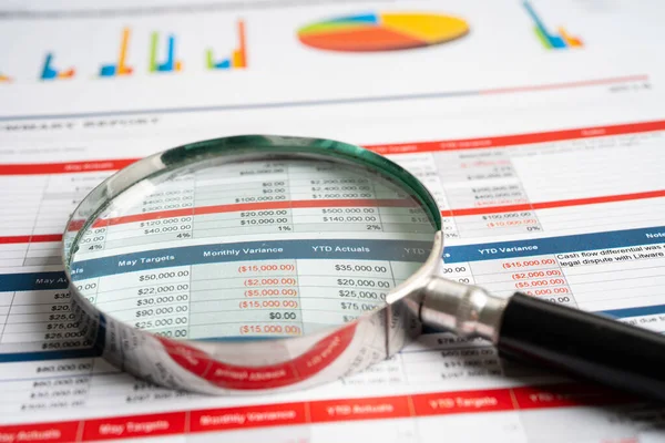 Förstoringsglas Kalkylblad Och Diagrampapper Finansiellt Konto Bankkonto Dataekonomi Affärsidé — Stockfoto