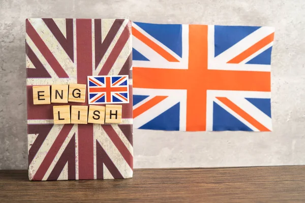 Word English Book United Kingdom Flag Koncepcja Kursów Angielskiego — Zdjęcie stockowe