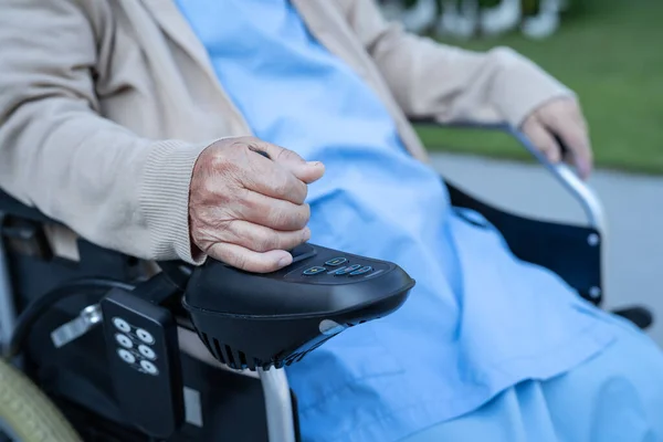 Asian Senior Woman Patient Electric Wheelchair Joystick Remote Control Hospital — Stock Photo, Image