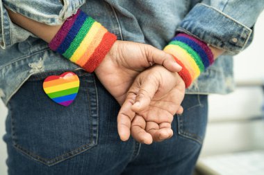 Lezbiyen, gey, biseksüel, transseksüel, insan hakları, hoşgörü ve barışın sembolü LGBT gökkuşağı renkli bayrak kalp ve kurdele.