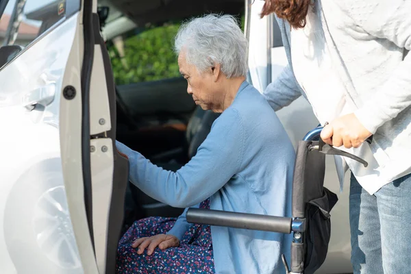 Caregiver Help Support Asian Elderly Woman Sitting Wheelchair Prepare Get — Stock Photo, Image