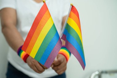 LGBT gökkuşağı renkli bayrak taşıyan kadın, lezbiyen, gey, biseksüel, transseksüel, insan hakları, hoşgörü ve barışın sembolü.