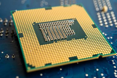 CPU, central processor unit chip Chip on circuit board in PC and laptop computer technology.