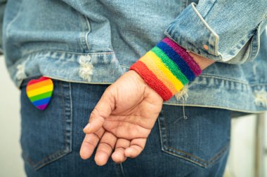 Lezbiyen, gey, biseksüel, transseksüel, insan hakları, hoşgörü ve barışın sembolü LGBT gökkuşağı renkli bayrak kalp ve kurdele.