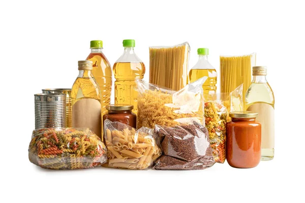 Alimentos Para Doação Armazenamento Entrega Vários Alimentos Massas Óleo Cozinha — Fotografia de Stock