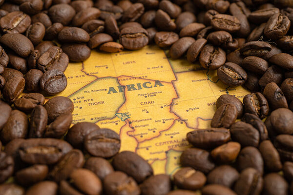 Bangkok, Thailand March 14, 2023 Coffee bean on Africa map, import export trade online commerce concept.