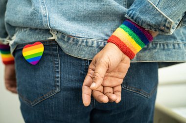 Lezbiyen, gey, biseksüel, transseksüel, insan hakları, hoşgörü ve barışın sembolü LGBT gökkuşağı renkli bayrak kalp ve kurdele.