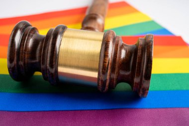 Gökkuşağı bayrağındaki yargıç avukatı Gavel, LGBT gurur ayının sembolü Haziran sosyal ortamında gey, lezbiyen, biseksüel, transseksüel, insan hakları kutlamaları.