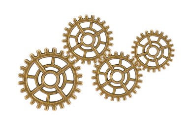 Dişliler ve dişliler beyaz arka planda izole edilmiş, saat mekanizması, pirinç metal motor endüstrisi.