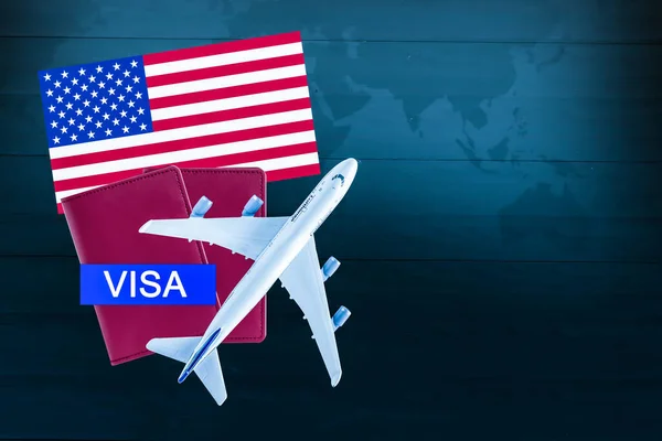 Visa with USA America flag, passport and airplane, trip travel immigration.