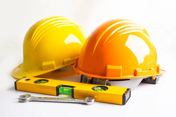 Architectural House Plan Project Blueprint Yellow Helmet Calculator Engineer Construction — Photo