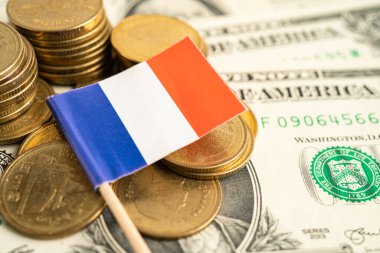 Stack of coins with France flag and US dollar banknotes.