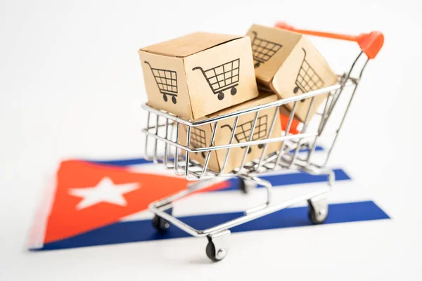 Stock image Box with shopping online cart logo and Cuba flag, Import Export Shopping online or commerce finance delivery service store product shipping, trade, supplier concept.