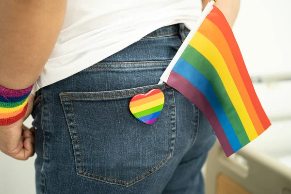 Woman Holding Lgbt Rainbow Colorful Flag Symbol Lesbian Gay Bisexual — стоковое фото