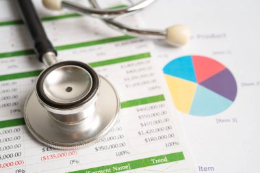 Hesap tablosu ve grafik kağıdına steteskop, Maliye, Hesap, İstatistikler, Yatırım, Analitik araştırma veri ekonomisi ve İş dünyası kavramı.