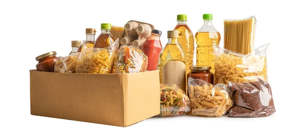 Bağış Depolama Teslimat Için Yiyecek Çeşitli Yiyecekler Makarna Yemek Yağı — Stok fotoğraf