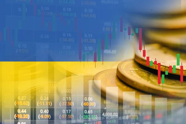 Stock market investment trading financial, coin and Ukraine flag or Forex for analyze profit finance business trend data background.