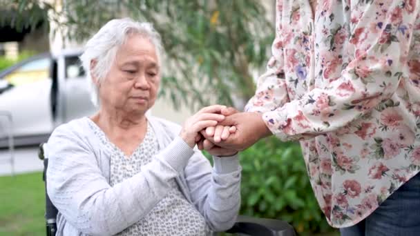 Tatilde Tekerlekli Sandalyede Tedavi Yardım Destek Gören Asyalı Yaşlı Kadın — Stok video