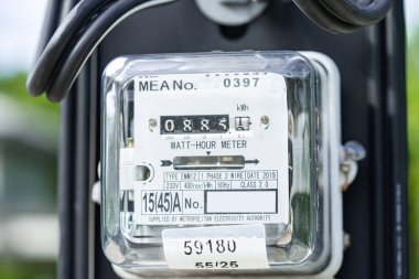 Electric measuring power meter for energy cost at home and office, solar cell concept.